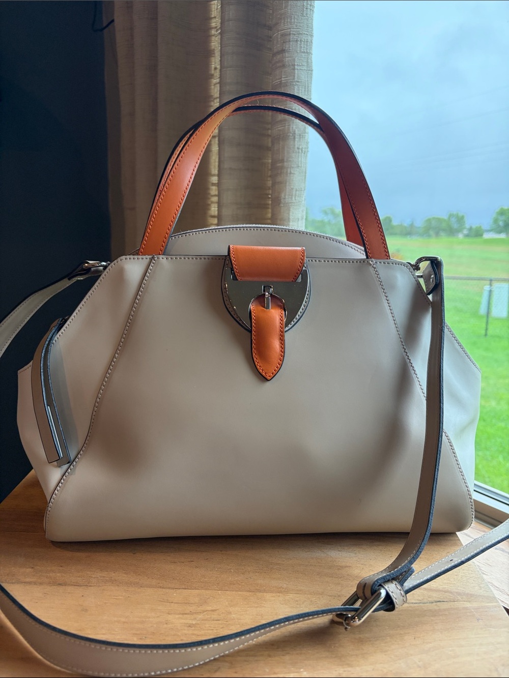 Nicoli Beige and Orange Handbag with Removable Crossbody Strap